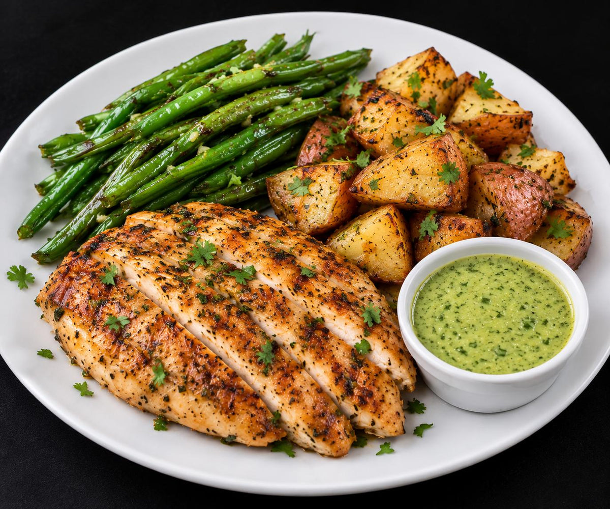 Herb-Grilled Chicken with Roasted Potatoes & Garlic Green Beans