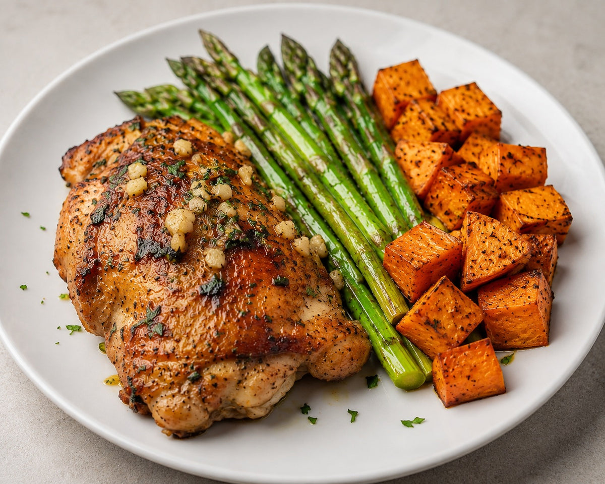 Garlic Herb Chicken with Roasted Sweet Potatoes & Asparagus